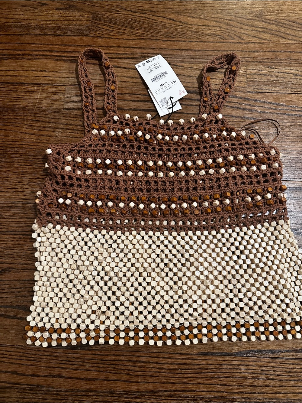 Zara Bohemian Crochet Beaded Tank Top - Brown & Cream